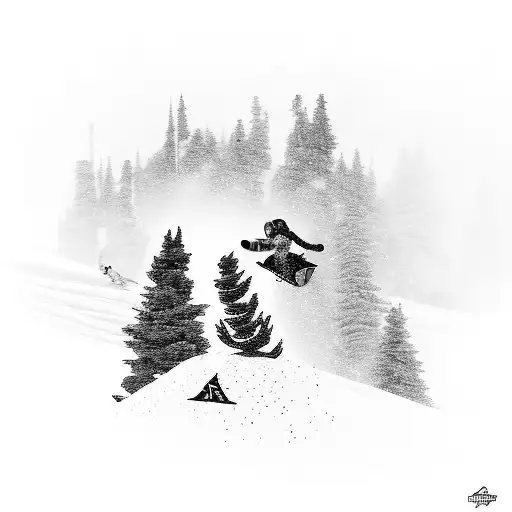 A pixelated snowboarder catching air on a mountain peak, capturing the thrill of snowboarding tattoo design idea