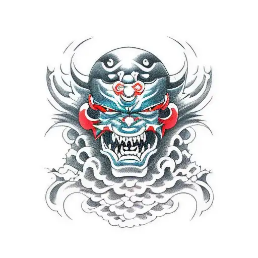 An japanese oni mask demon surfing on a wave in the ocean tattoo design idea