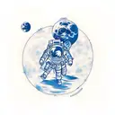  fine line tattoo style of an astronaut sitting on a round moon below him tattoo design idea