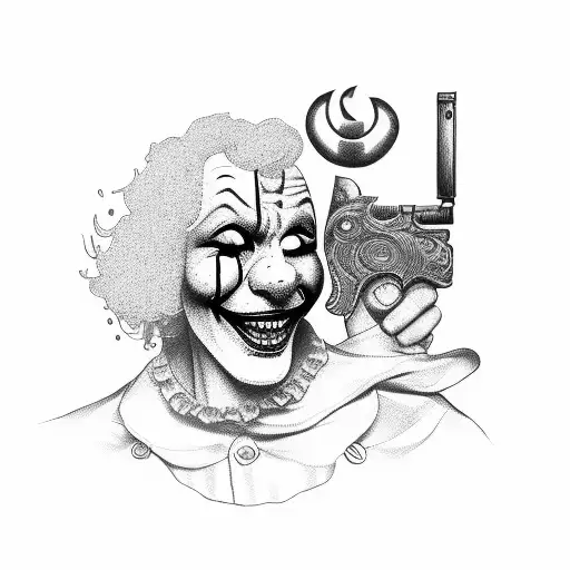 smiling clown with pistol in hand tattoo design idea
