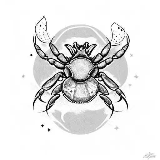Design a black and grey tattoo of a crab surrounded by water and stars, embodying the essence of the Cancer zodiac sign tattoo design idea