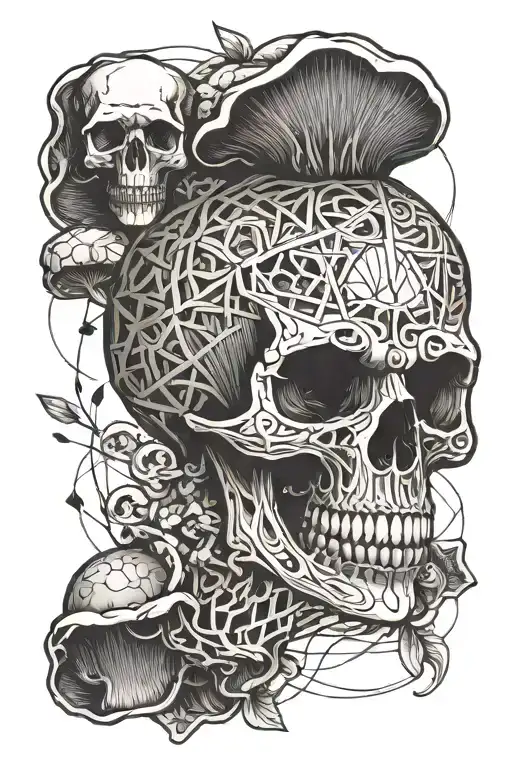 skull and mushroom growing tattoo design idea