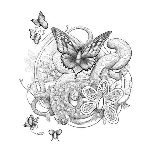 A garden scene with various flowers and butterflies intertwined with a snake, symbolizing the balance of beauty and danger in nature tattoo design idea