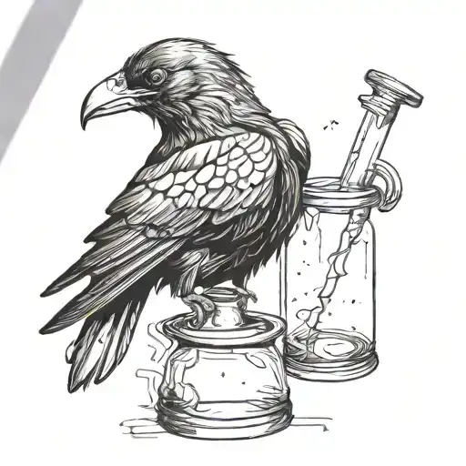 A crow perched on a chemical flask, symbolizing the balance between nature and industry tattoo design idea