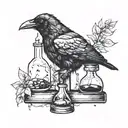 A crow perched on a chemical flask, symbolizing the balance between nature and industry tattoo design idea