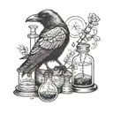 A crow perched on a chemical flask, symbolizing the balance between nature and industry tattoo design idea