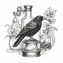 A crow perched on a chemical flask, symbolizing the balance between nature and industry tattoo design idea