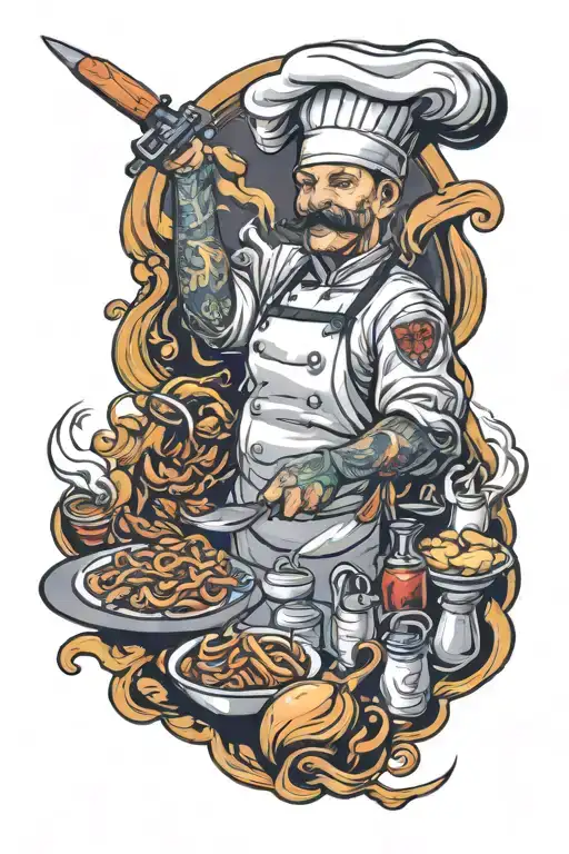 full sleeve tattoo featuring chef and food elements, with US ARMY theme  tattoo design idea