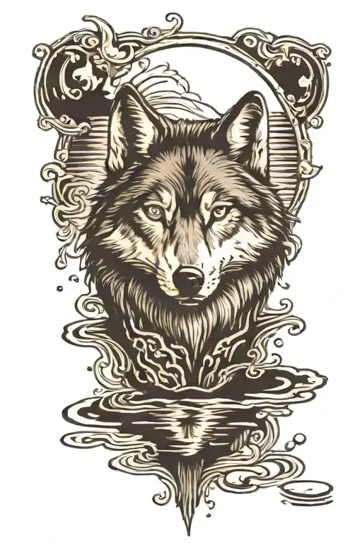 wolf looking into a puddle seeing the reflection tattoo design idea