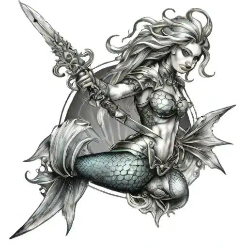mermaid wearing armor holding a sword tattoo design idea