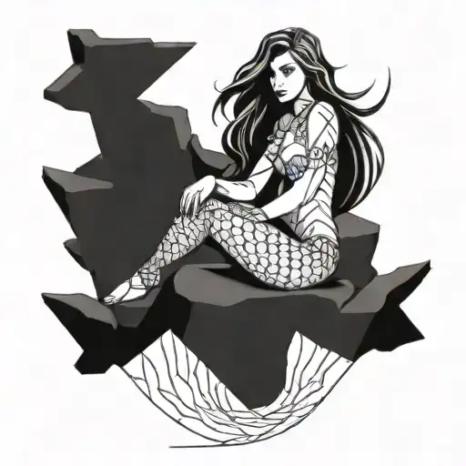 warrior mermaid sitting on a rock tattoo design idea