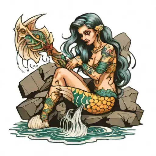 warrior mermaid sitting on a rock tattoo design idea