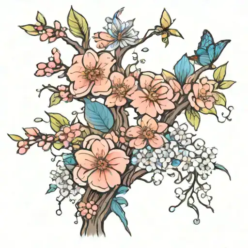 cherry blossom tree with roses, daisies, dahlias, orchids, and blue bonnets in front   tattoo design idea