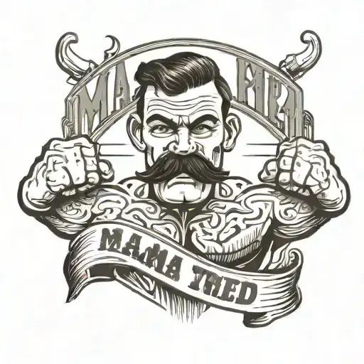 Human boxer with wraps on his hands and a handle bar mustache bust with a banner that says "Mama Tried"  tattoo design idea