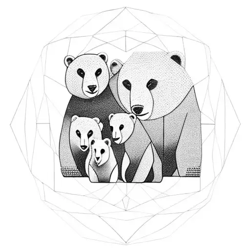A family of bears in a geometric pattern, with each bear representing a different family member and their unique traits, symbolizing the client's strong family bond tattoo design idea