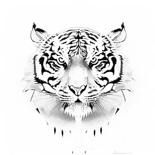 create a tiger face wearing an owl headdress tattoo design idea