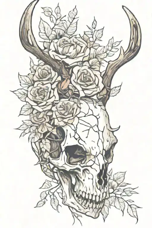 Deer skull and rose thorns wrapped tattoo design idea
