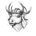 minotaur head with tattooed arms overlooking a lake by a hillside with a mother and son centaur pairing by the lake  tattoo design idea