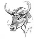 minotaur head with tattooed arms overlooking a lake by a hillside with a mother and son centaur pairing by the lake  tattoo design idea