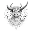 minotaur head with tattooed arms overlooking a lake by a hillside with a mother and son centaur pairing by the lake  tattoo design idea