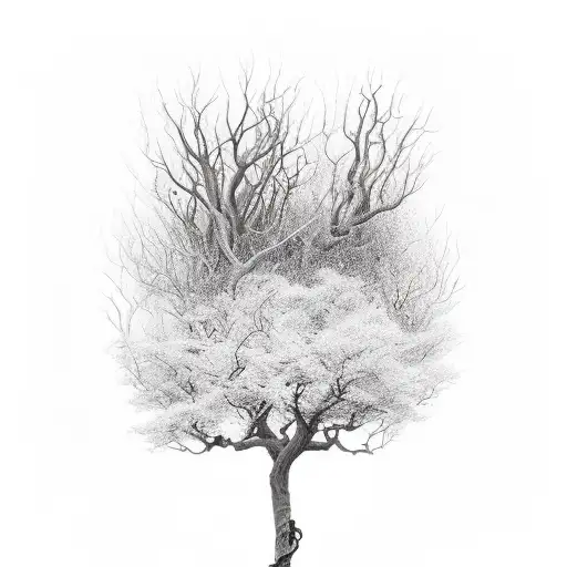 a scene of life vs desth, a tree in the kiddle half alive half dead, wsr on the desth side, people living life  tattoo design idea