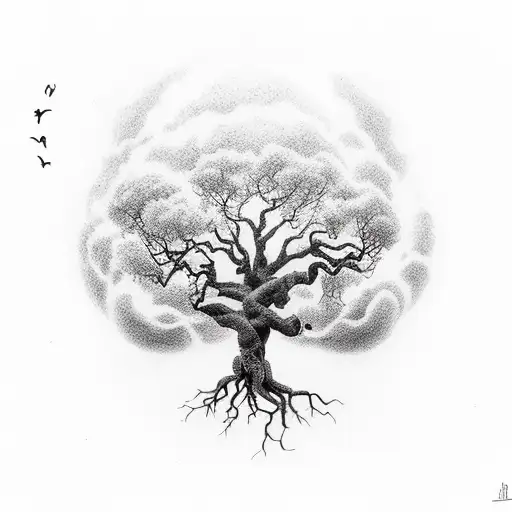 life vs death, big tree half alive half dead, tomb stones, parks with people playing, dark clouds, sunlight, roots under tattoo design idea