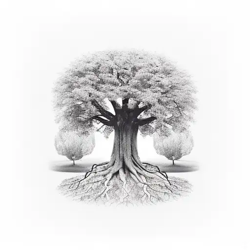 A realistic depiction of a park filled with people playing, surrounded by a big tree half alive and half dead, with roots visible underground tattoo design idea