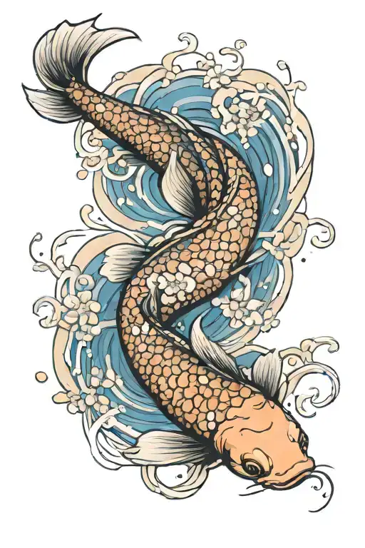 orange koi fish swimming down towards bottom with water lilys and cherry blossom tattoo design idea
