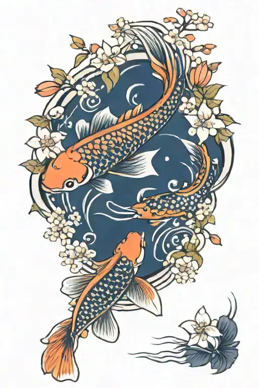 multiple orange koi fish swimming downstream with water lilys and cherry blossom tattoo design idea