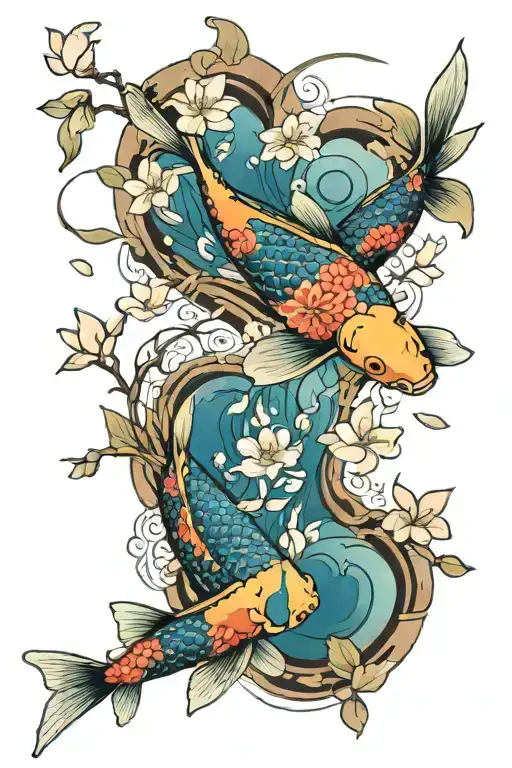 Koi fish swimming alongside their son downstream with colourful water lilys and cherry blossom tattoo design idea