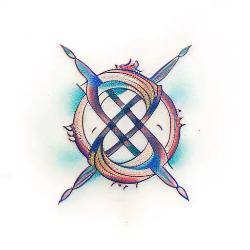 infinity symbol with both ends open and one end having trident and other end having small peacock feather attached tattoo design idea