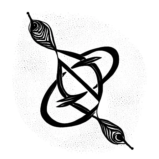 infinity symbol with both ends open and one end having trident and other end having small peacock feather attached tattoo design idea