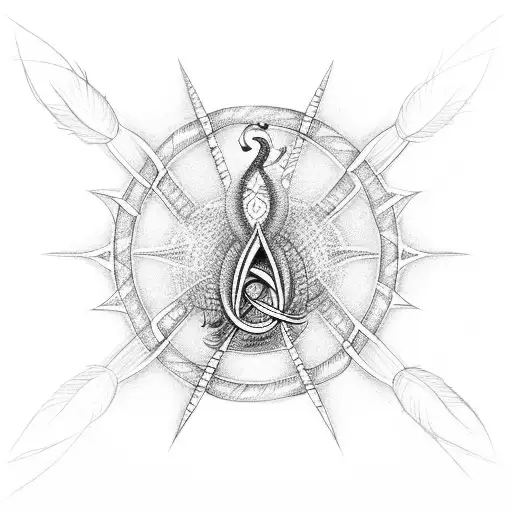 infinity symbol with both ends open and one end having trident and other end having small peacock feather attached tattoo design idea