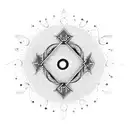 karma symbol with both ends open and one end having trishul and other end having small peacock feather attached tattoo design idea