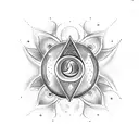 karma symbol with both ends open and one end having trishul and other end having small peacock feather attached tattoo design idea