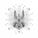 karma symbol with both ends open and one end having trishul and other end having small peacock feather attached tattoo design idea