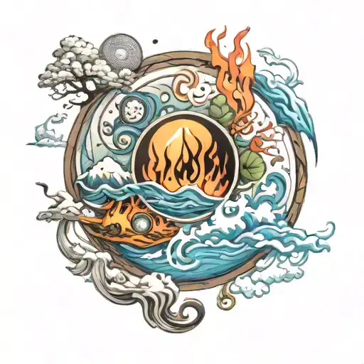 circle with 5 elements: ground, water, fire, wind, ether tattoo design idea