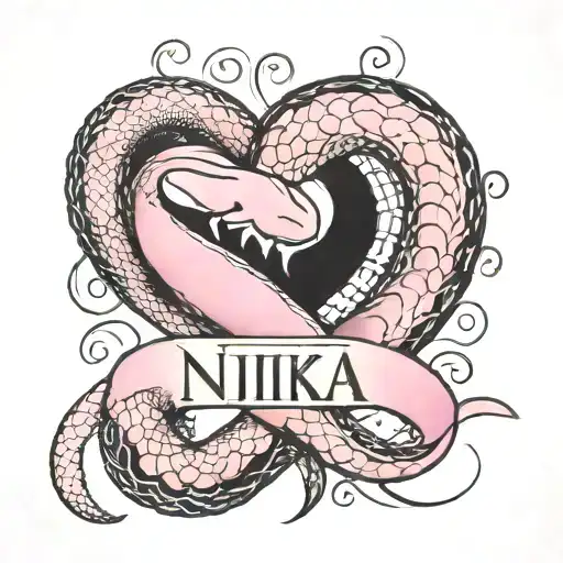 pink snake wrapped around the word "nika" and the snakes tongue splits into a heart  tattoo design idea