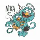 A blue cookie monstedesign incorporating the word "kingsley" in a disney font ,, and elmo with the word nika on it tattoo design idea