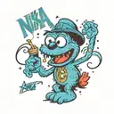 A blue cookie monstedesign incorporating the word "kingsley" in a disney font ,, and elmo with the word nika on it tattoo design idea