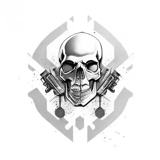 A tactical gear-inspired skull with camouflage patterns tattoo design idea