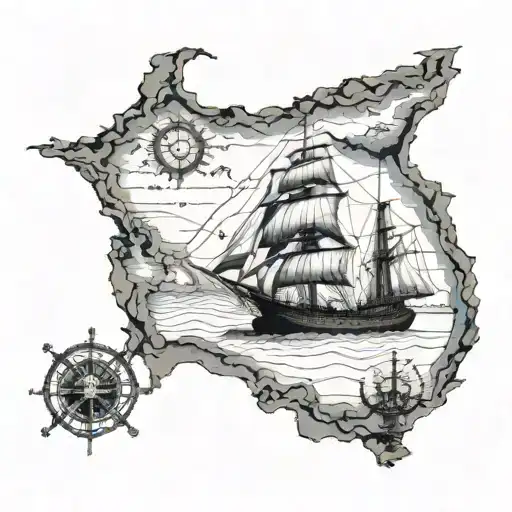 design me a tattoo sleeve for my left arm with a 1400s style map of the Great Lakes, clipper ship on the outrer bicep, l tattoo design idea