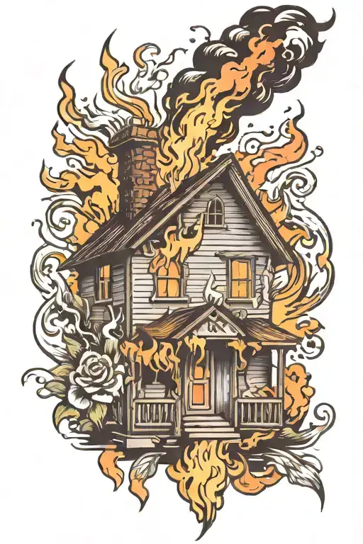 burning house tattoo design idea