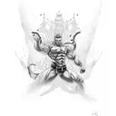 Baki Hanma in a dynamic fighting pose with a dotwork background tattoo design idea