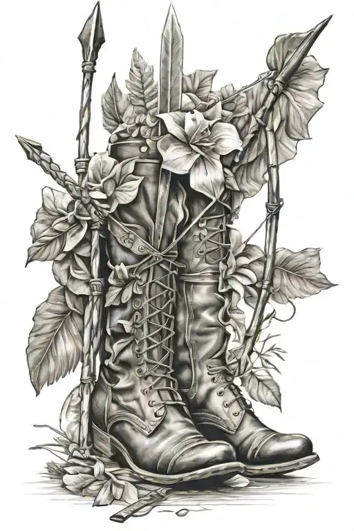 Spear, boots, bow and arrow tattoo design idea