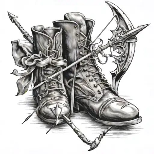 Spear, a boot, bow and arrow tattoo design idea