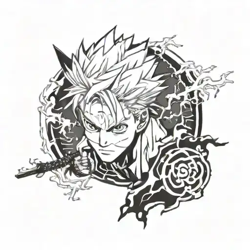 Create a tattoo inspired by Jujutsu Kaisen featuring a powerful and dynamic character tattoo design idea