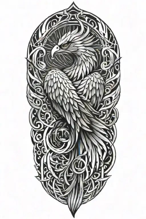 geometric design with phoenix. full forearm sleeve. tattoo design idea