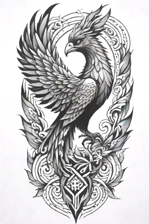 geometric design with phoenix. full forearm sleeve. tattoo design idea