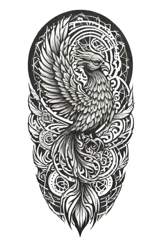 geometric design with phoenix. full forearm sleeve. needs more geometric design  tattoo design idea